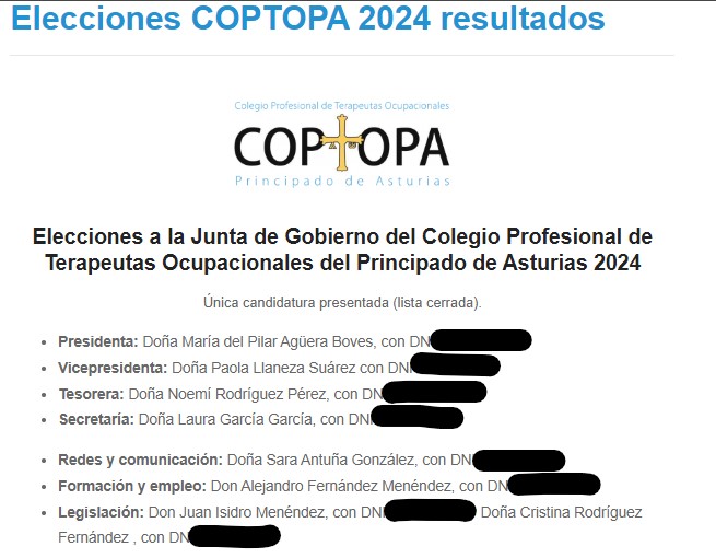 Resultado elecciones 2024 Junta COPTOPA